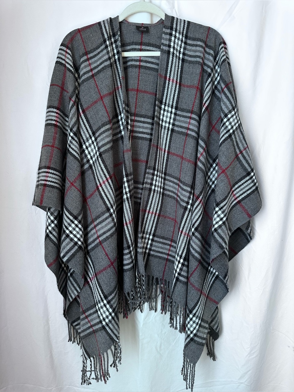 V. FRAAS Gray Plaid Fringe Cape with Red Accents